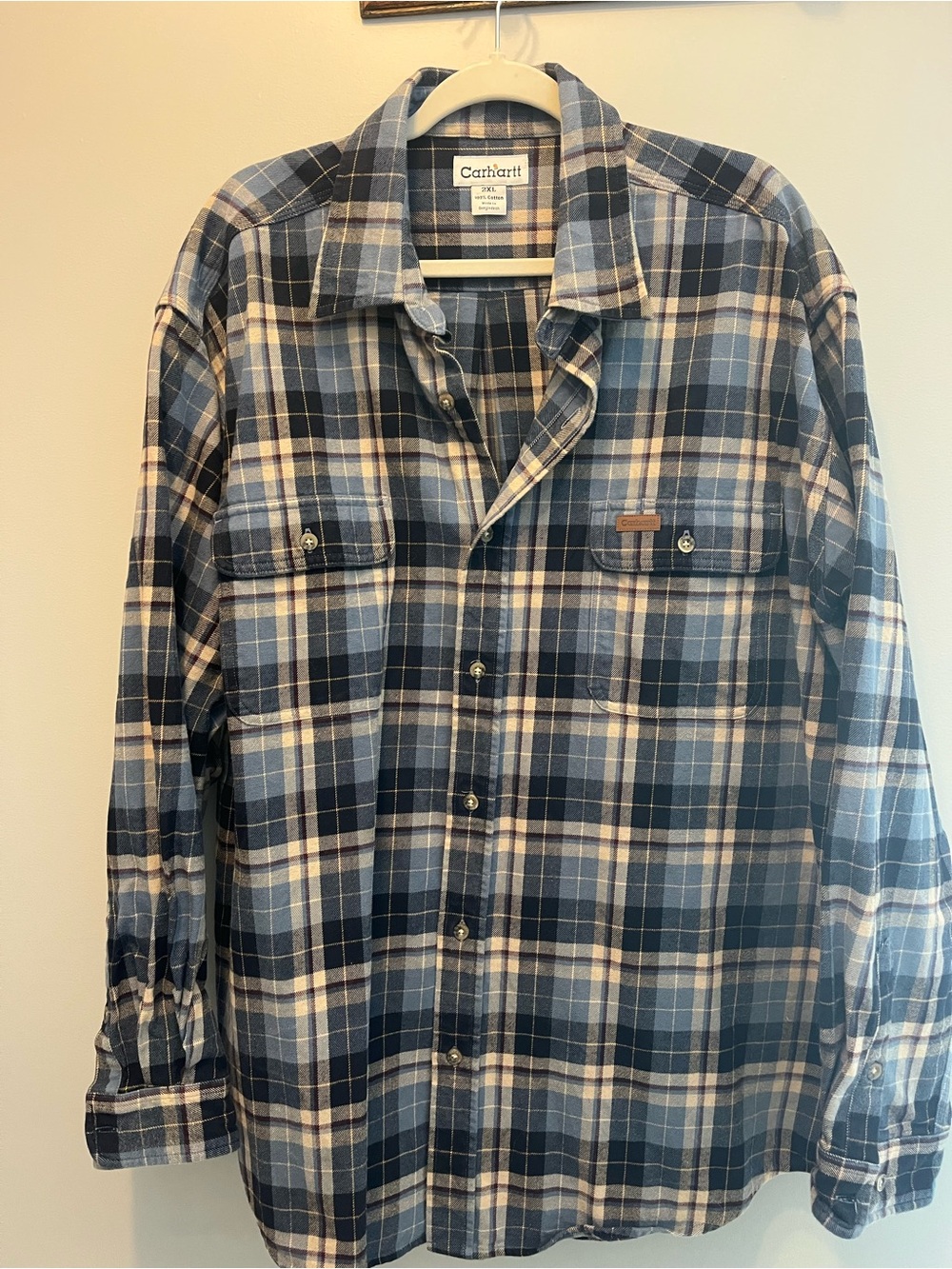 Carhartt Men’s Navy and Cream Plaid Button-Down Shirt XXL NWOT